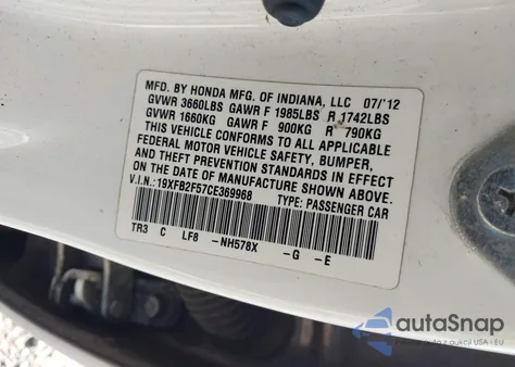 2012 Honda Civic Lx из США, поврежденный, VIN 19XFB2F57CE369968